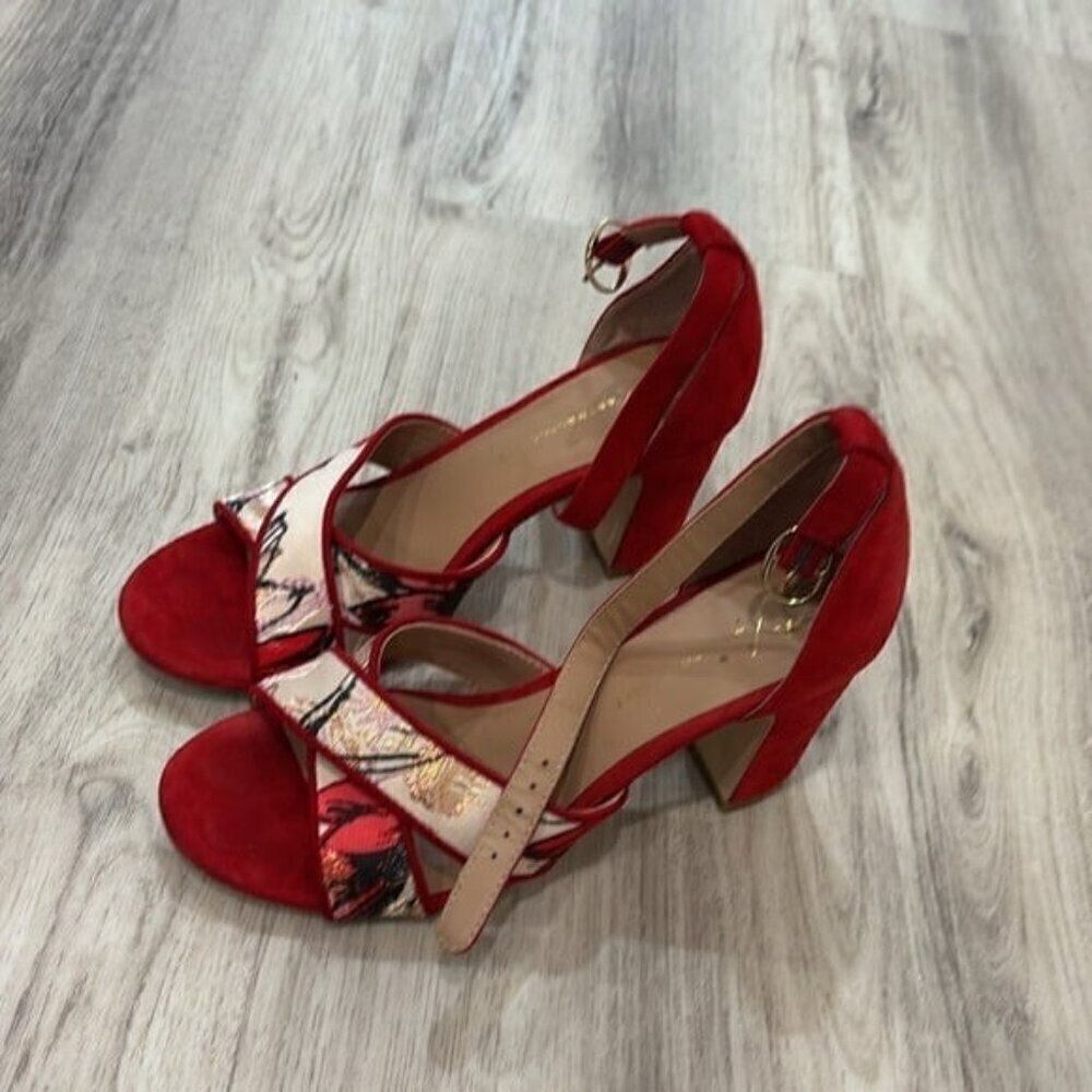 Anthropologie Red Jacquard red block Heel Sandals 6.5 - Picture 2 of 7